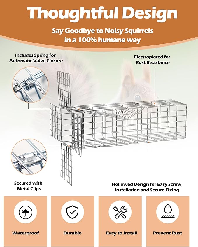 One Way Squirrel Door Excluder 11 × 3 × 3inch Humane Squirrel Trap Rodents Excluder for attic roof Includes Full Installation Kit with Screws Pressure Plate Cable tie &amp Copper mesh