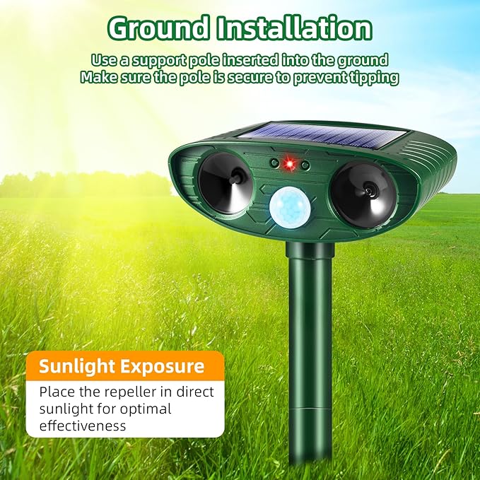 2 Pack Solar Animal Repellent Ultrasonic Outdoor Squirrel Racoon Fortress proCat Deer Repellent with Motion SensorWaterproof Mouse Dog Skunk Rabbit Deterrent for Yard