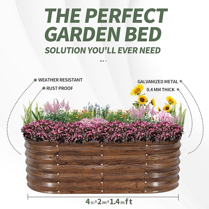 1MORE Galvanized Raised Garden Bed- Planter Garden Boxes Outdoor Raised Beds for Gardening 4x2x1.4ft Metal Garden Bed Kit for Vegetables Flower Planter Raised Bed with Protective Tape &amp Tools.G