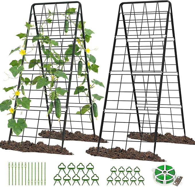 2 Pack Cucumber Trellis 59 High Foldable A-Frame Garden Trellis for Raised Bed Garden Grow Support with Plant Support Clips Ties for CucumberTomato Climbing Plants and Flowers