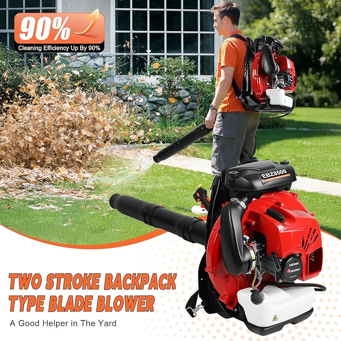 Gas Powered Backpack Leaf Blower 75.6cc 2-Stroke 850 CFM Airflow &amp 200 MPH Wind Speed Yard Blower for Leaves Snow &amp Outdoor Cleanup