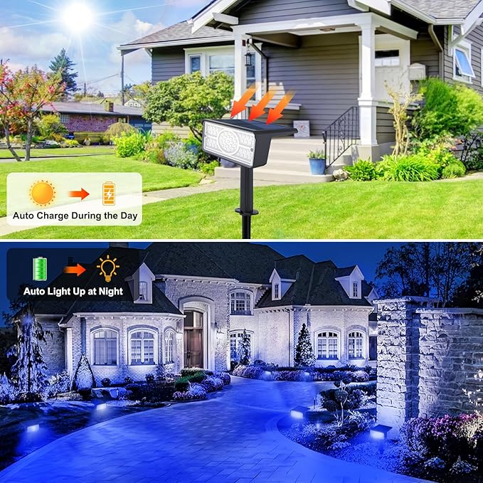 T-SUN Solar Spot Lights Outdoor 4 Pack 49LED Landscape Spotlights 2 Lighting Modes Auto ON/Off Solar Lights for Trees Garden Yard Pathway Driveway(Blue)