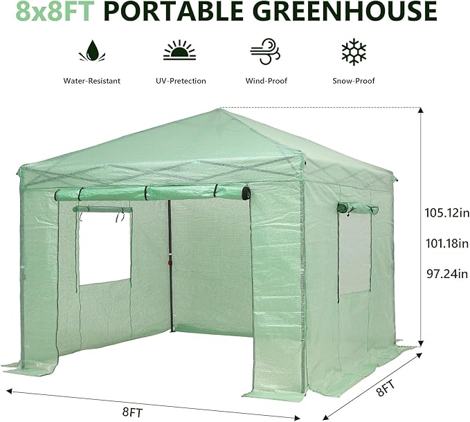 GDY 8X8FT Instant Pop-up Greenhouse Walk-in Plant Gardening Green House with PE Cover/Roll-Up Zipper Doors/Side Windows for Indoor Backyard and Outside Green/Clear.