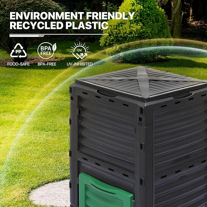 MoNiBloom 80 Gallon Large Compost Bin BPA Free Outdoor Composting Tumblers for Garden Patio All-Season Fast Working Rotating Chamber Composters for Garden Patio w/Sliding Door