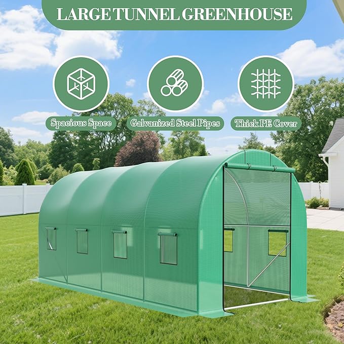 15x7x7 ft Walk-in Greenhouse for Outside - Heavy Duty Galvanized Steel Hoop House with PE Cover 8 Windows &amp Roll-Up Door - Outdoor Plant Tunnel for Gardening Vegetables &amp Year-Round Growing