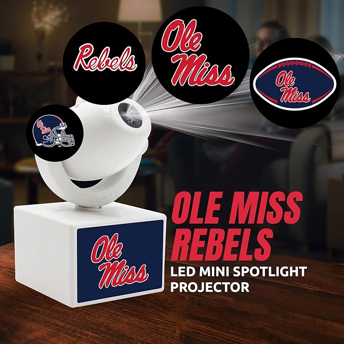 Sporticulture NCAA American Football Mississippi Ole Miss - Adjustable Led Mini Spotlight Projector with 6 Team Logo Designs - Portable &amp Rechargeable Spotlight - Battery-Operated - 4.375” x 3.125