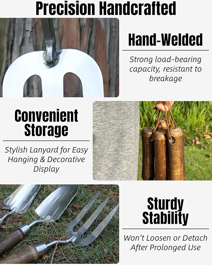 Garden Tool Set 6PCS Heavy Duty Stainless Steel Gardening Hand Tools with Ropes Includes Hand Cultivator Shovel Trowel Transplanter 2-in-1 Hoe Pruner Ideal Gardening Gifts for Women Men (Classic)