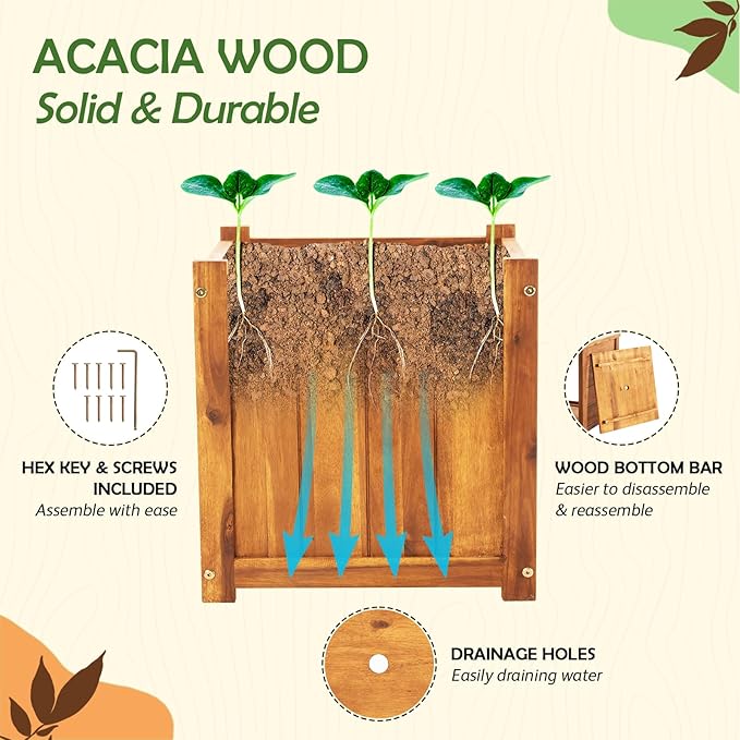 Idzo Hardwood Outdoor Flower Box Durable Acacia Wood Flower Boxes for Outdoor Plants with Ergonomic Handles Drainage Holes Multiple Sizes Wood Bucket Planter for Home Decor 1pcs