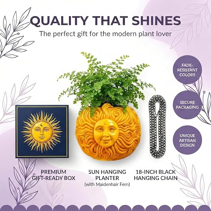 Fun &amp Unique Sun Face Hanging Planter Quirky Celestial Decor for Plant Lovers – Indoor Outdoor Flower Basket for Succulents &amp Small Plants – Decorative Garden Yard Art