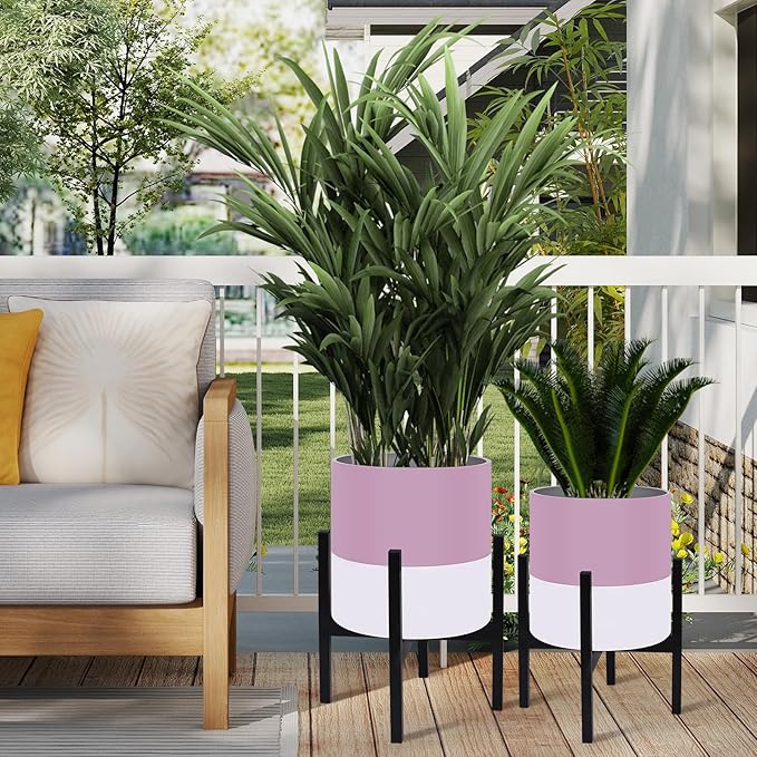 Planter with Stand Set of 2 Modern Plant Pots with Metal Legs IndoorFlower Pots with Drainage Holes Matching Decorative Garden Pot for Living Room Office Garden or Balcony 10 &amp 12 Inches