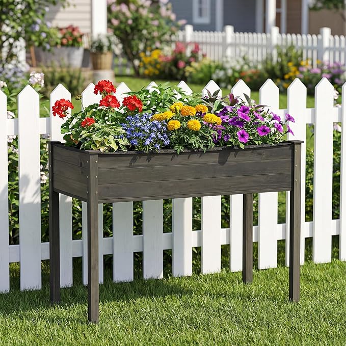 Giantex Wooden Raised Garden Bed Solid Pine Wood Planter Box w/Legs Drainage Holes Black Liner Outdoor Indoor Elevated Planter Box Stand for Patio Garden Lawn Greenhouse 47 x 23 x 30