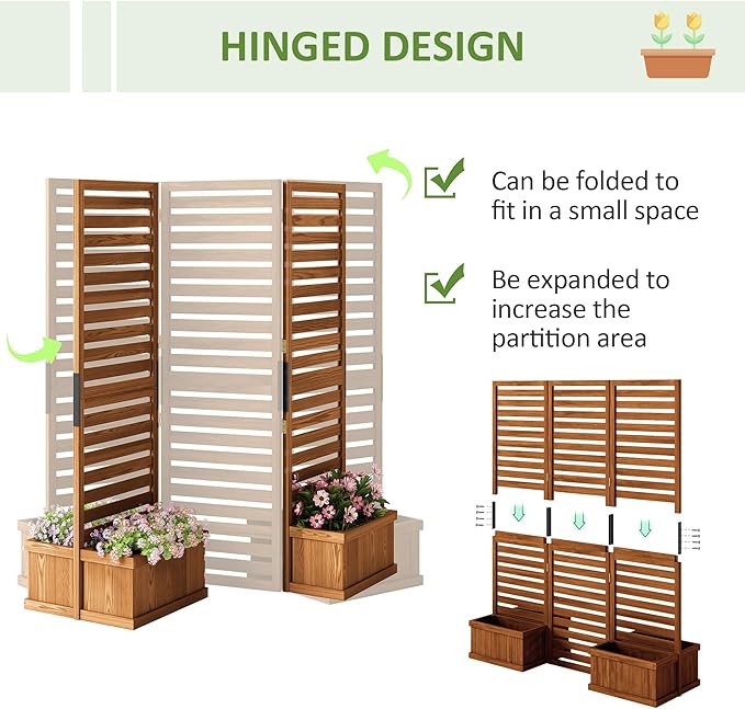 Outsunny Freestanding Outdoor Privacy Screen 4 Self-Draining Planters/Raised Garden Beds 3 Hinged Panels for Hot Tub Patio Backyard Deck Natural