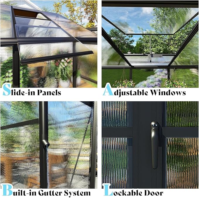 AMERLIFE 8x14x7FT Polycarbonate Greenhouse Walk in Greenhouse with Quick-Connect System Green House with 4 Vent Windows and Swing Door Greenhouses for Outdoors Glossy Black