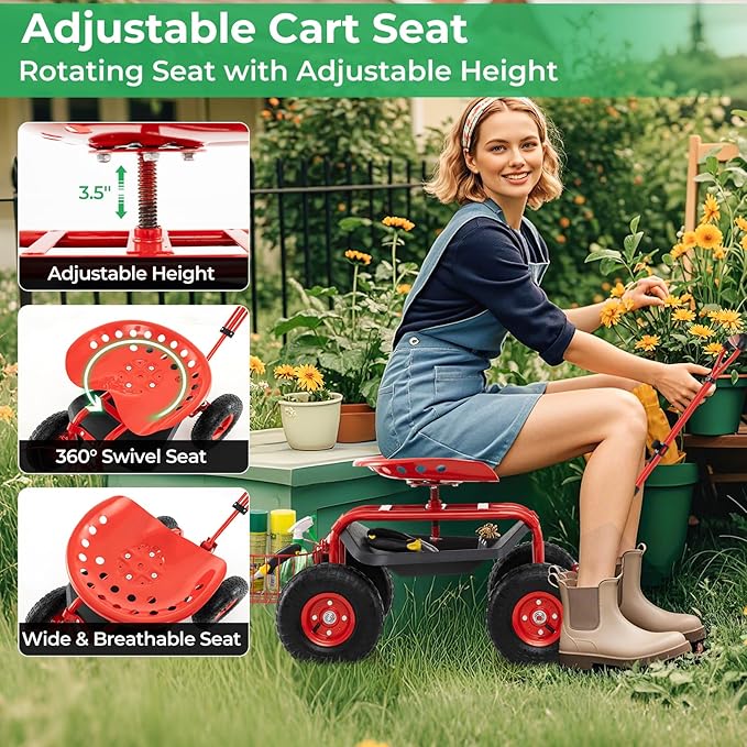 Garden Seat with Wheels Rolling Stool with Extendable Handle Storage Basket &amp Tool Tray Garden Scooter with 360 Degree Swivel Seat for Outdoor &amp Yard (Red)