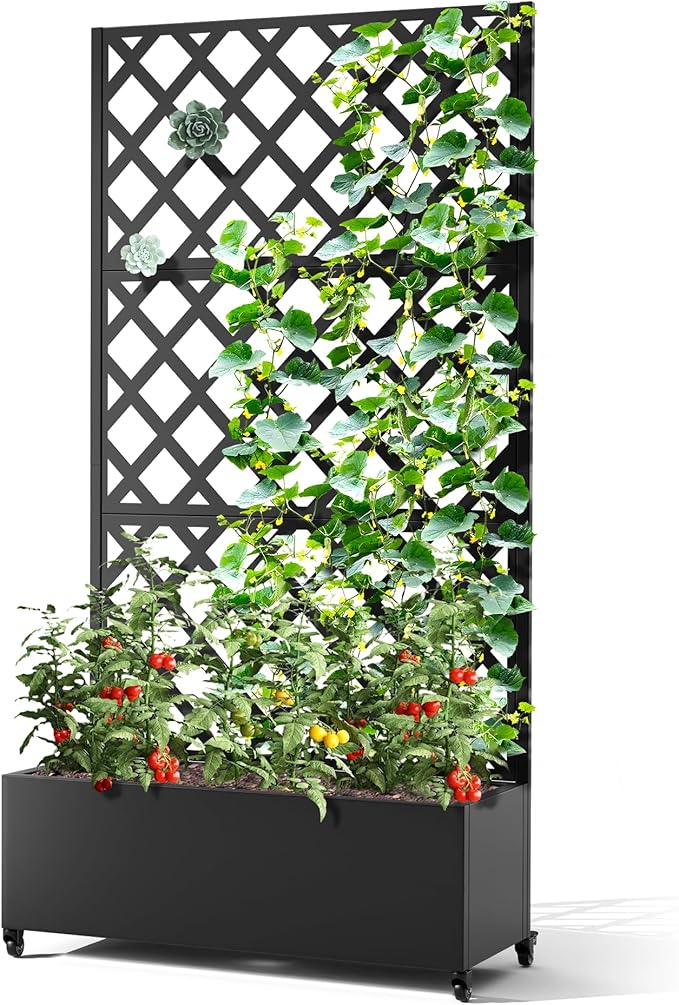 Metal Planter Box with Trellis &amp Wheels Raised Garden Bed with Privacy Screen Outdoor Standing Flower Beds with Drainage Hole for Climbing Plants Vine 35.4 L x 15.7 W x 70.9 H Black