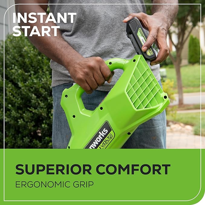 Greenworks 24V (90 MPH / 320 CFM / 200+ Compatible Tools) Cordless Axial Leaf Blower 2.0Ah Battery and Charger Included