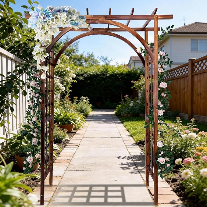 85 Wooden Garden Arbor Arch 7 ft Wood Garden Trellis with Arched and Flat Top Outdoor Walkway Arbor Stand for Plant Climbing Wedding Ceremony Decoration Pergola Patio Lawn Backyard Party