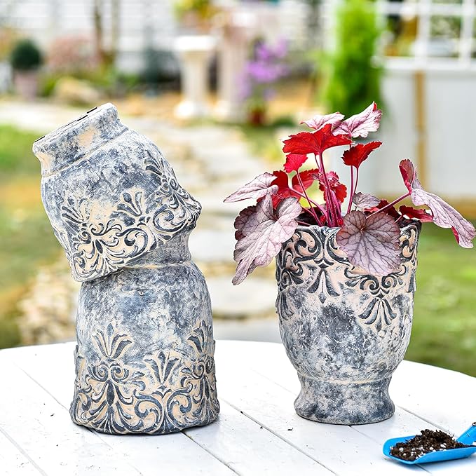 Sungmor 6.3 Inch Cement Plant Pot for Plants Succulent Planter with Embossed Design Vintage Concrete Flowerpots with Drainage Hole Decorative Orchid Houseplant Pot Indoor Outdoor Plant Container