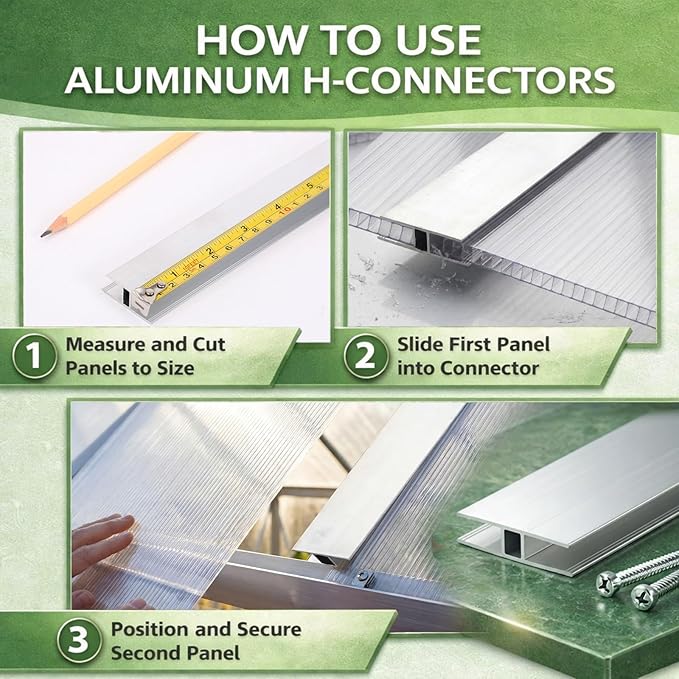 Duraaamo 10 Pcs 4 ft Aluminum H Connector Greenhouse Panels Fits 10 mm Polycarbonate Greenhouse Connector Silver H Channel Roofing Accessories Join 2 Pieces of Panels Together Prevent Dust Rain