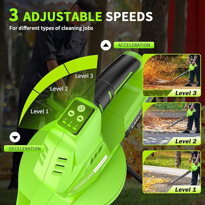 Leaf Blower Cordless 20V Electric Blower with 2 X 2.0Ah Batteries and Fast Charger 3 Speed Control Handheld Lightweight Leaf Blower for Lawn Care Patio Garden Cleaning etc