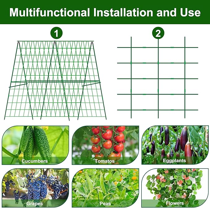 2 Packs 48 x 48 Foldable Cucumber Trellis for Raised Bed- A-Frame Garden Trellis for Climbing Plant Outdoor with Climbing Net &amp Plant Support Clip for Outdoor Plants Zucchini Vegetables Flowers