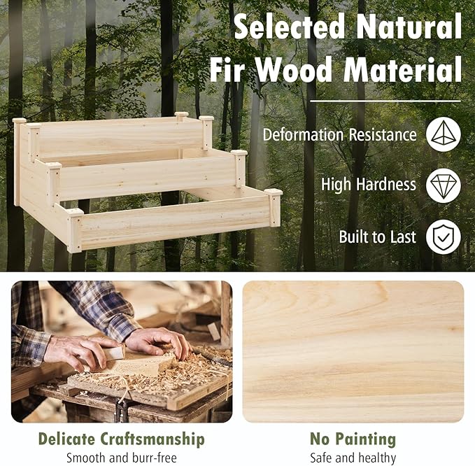 3-Tier Raised Garden Beds Outdoor Fir Wood Raised Garden Bed Planter Box Flower Bed Wooden Planter Kit for Gardening Vegetable &amp Herb