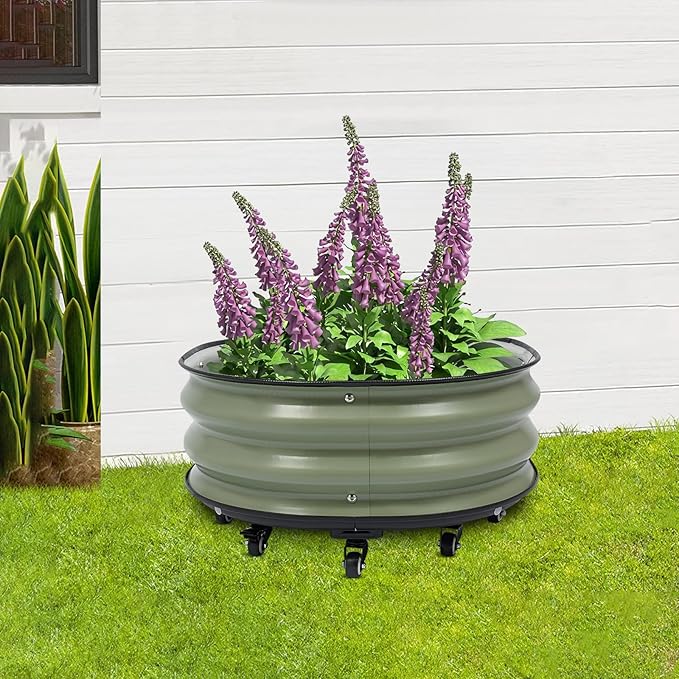 Raised Garden Bed Kits Green Metal Modular Raised Planter Box with 9*Wheels &amp Brakes &amp Gloves Outdoor Round Planter Box for Vegetables Fruits Flowers Herbs 23.62 * 11.81 inch