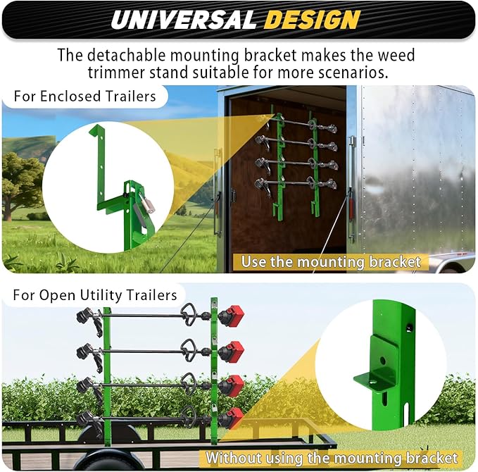 4 Place Trimmer Weed Eater Rack Fit for Open &amp Enclosed Trailer Walls Landscape Truck Weedeater Rack Holder Carrier with 4 Lock-Green