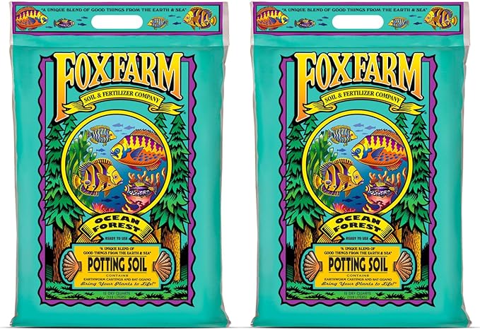 FoxFarm Ocean Forest Potting Soil for Container Gardens - Light Aerated Texture with Fish Meal Crab Meal Earthworm Castings - Houseplant Potting Mix for Seedlings &amp Plant Starts - 2 x 12 Quart