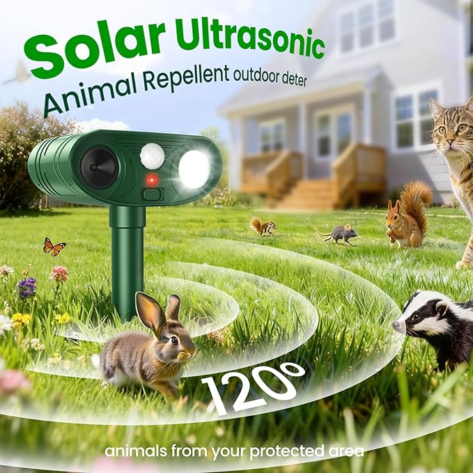 2026 Upgraded Ultrasonic Solar Animal Repellent Outdoor Deer Repellent Devices Squirrel Cat Raccoon Rabbit Dog Deterrent with Motion Sensor Flash Light for Yard Garden Lawn-4 Pack