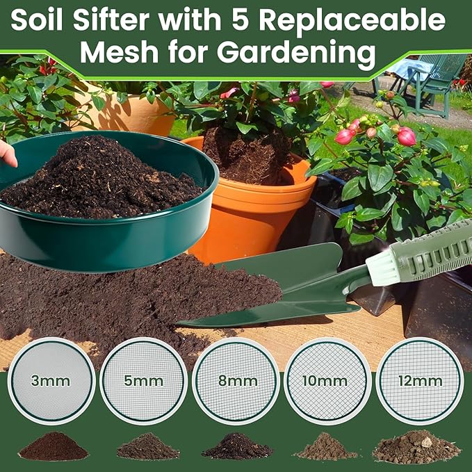 Garden Sieve Set Soil Sifter for Gardening with 3 5 8 10 12 mm Sieve Mesh Compost Dirt Sifter Suitable for Stone Sieves Soil Mixes Cat Litter Filtration