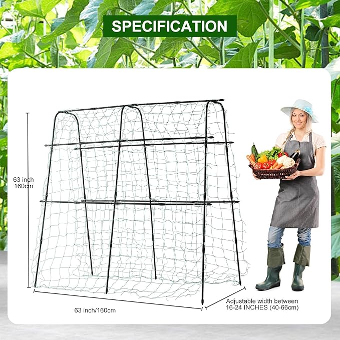 Garden Trellis for Climbing Plants Outdoor Metal Cucumber Trellis Plant Support for Outdoor Vegetables Fruits Flowers Vines Cucumber Trellis Raised Bed with Nylon Netting 63 Hx 63 L Black
