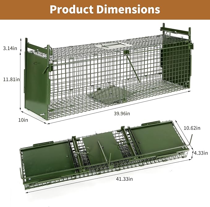 40” 2 Door Live Animal Trap Easy Set and Release Animal Trap Live Animal Trap Cage for catching Stray Cats Raccoons Squirrels Rabbits Moles Groundhogs Armadillos up to 17.6 lbs