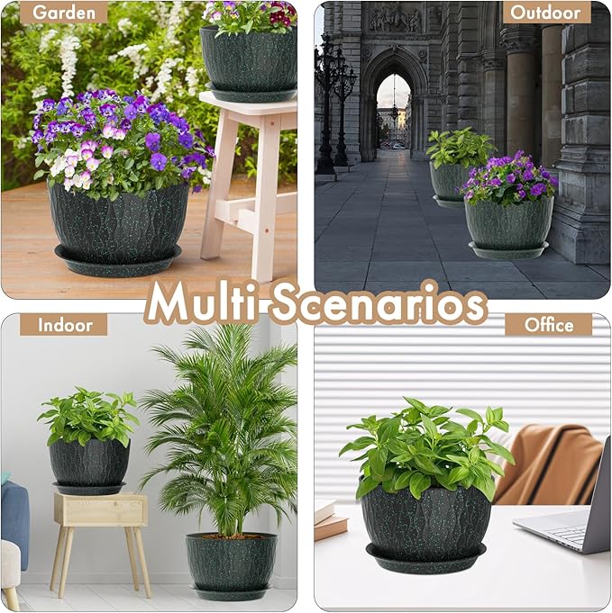 12 Inch Wide Water Ripples Flower Pots for Indoor or Outdoor Plants Large Plant Pots with Drainage Holes &amp Saucer Plastic Planters Set for Garden &amp Home Decor (Black with Green Speckles)