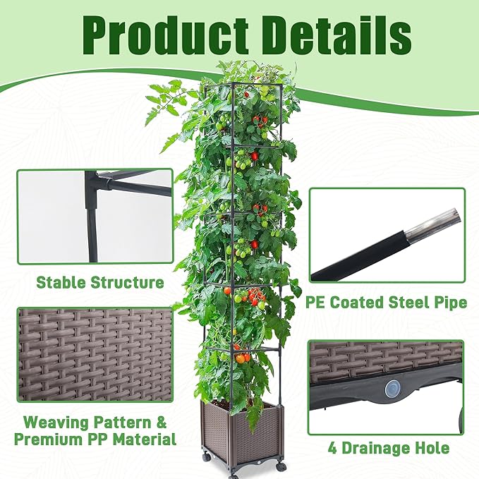 Raised Garden Bed Planter Box with Trellis 74 Self-Watering Tomato Planters for Climbing Plants Vine Flowers Outdoor Patio Tomatoes Cage with Wheels 1Pack