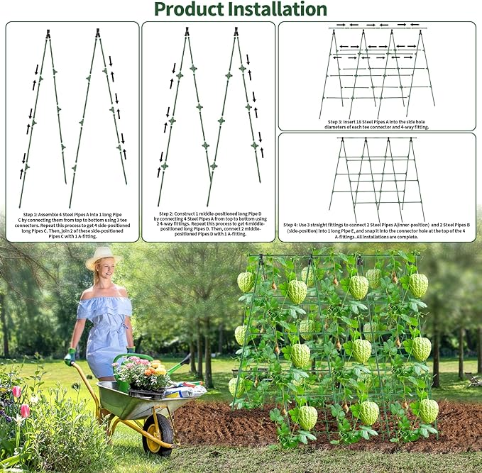 A-Frame Cucumber Trellis for Raised Bed - 63”H x 47”W Heavy-Duty Detachable Garden Trellis with Netting &amp Clips Support for Climbing Outdoor Cucumber Tomatoes Luffa Bitter Melon Vining Flowe