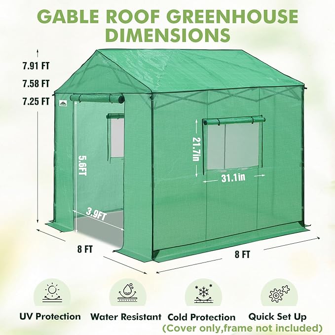 EAGLE PEAK Replacement Cover for 8x8 Gable Roof Pop up Greenhouse Front and Rear Roll-Up Zipper Entry Doors and 2 Large Roll-Up Side Windows (Frame Not Included) Green