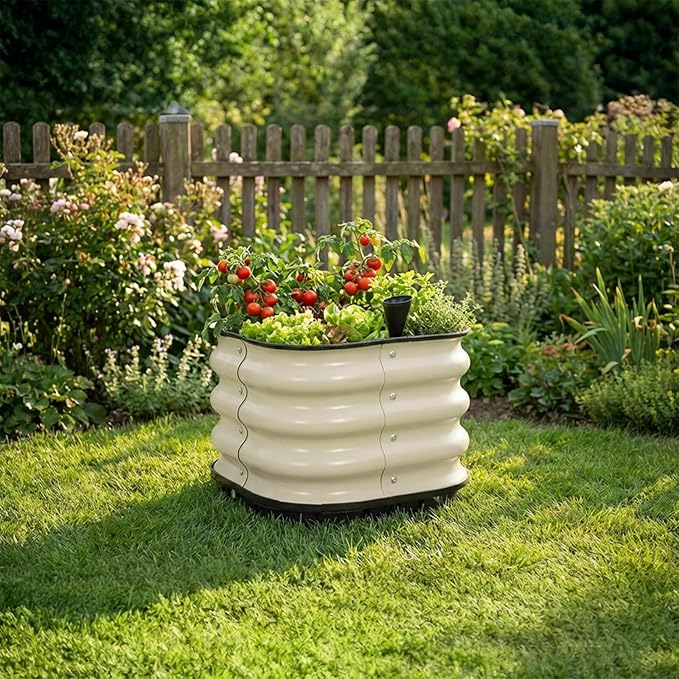 Aoodor Galvanized Raised Garden Bed 16.5'' Self-Watering Planter Box with Drainage Plug and Water Reservoir for Indoor &amp Outdoor Gardening Self-Watering Pot for Balcony Patio Backyard Beige