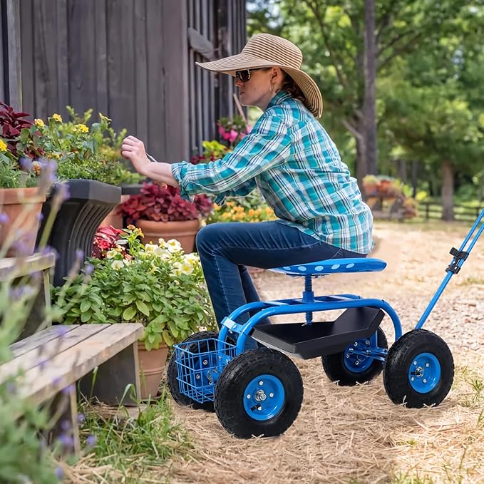 Donext Garden Cart Outdoor Rolling Garden with Wheels 360 Degree Swivel Seat Wagon Scooter with Steering Handle &amp Utility Tool Tray Blue