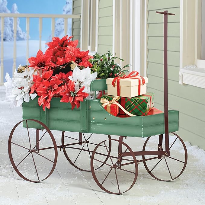 Collections Etc Amish Wagon Decorative Indoor/Outdoor Garden Backyard Planter Green