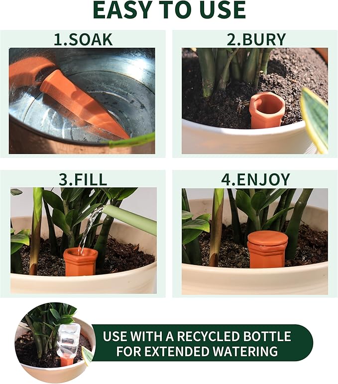 Large Terracotta Watering Spikes with Lids Automatic Plant Waterer Outdoor | Indoor Vacation Friendly Clay Plant Watering Devices System Slow Release Self Watering Planter Insert 6 Pack