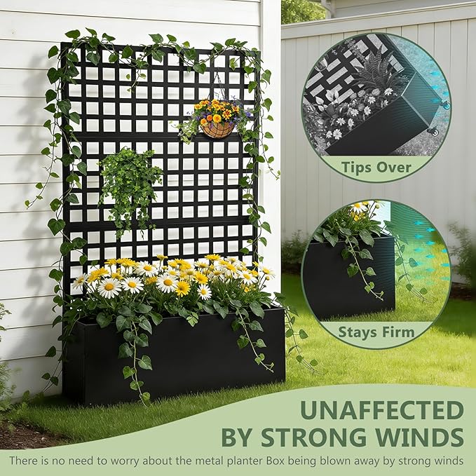 Metal Privacy Planter Box with Trellis Raised Garden Bed Privacy Screen with Drainage Holes Outdoor Metal Planter Box for Climbing Plants Patio &amp Garden 70 x 46 x 12 Black (1)