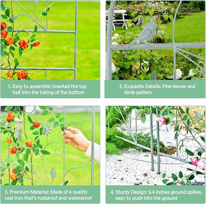 Sungmor Large Metal Garden Trellises for Climbing Plants - 82.5 Inch Tall &amp 2PC Green Pack - Beautiful Retro Style Metal Fence Trellis - Gardening Vines Plant Support for Flower Rose Climbing