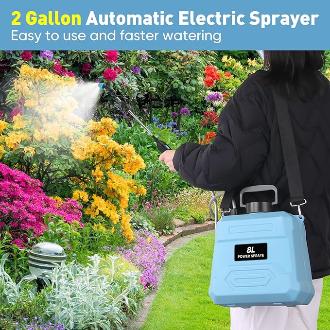 BlumWay Battery Powered Sprayer 2 GallonPowerful Electric Sprayer with 3 Mist Nozzles Retractable Wand Garden Water Spray with Adjustable Shoulder Strap for LawnGardening