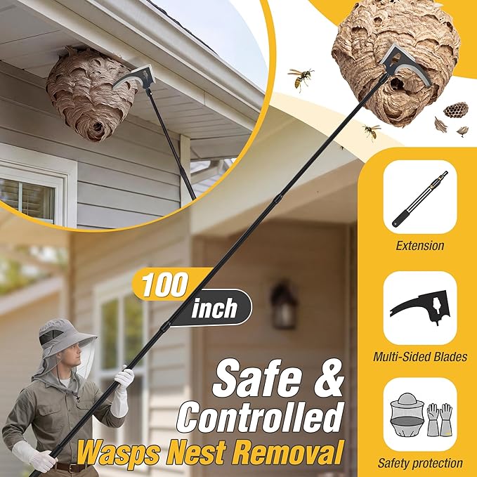 3 PCS Wasp Nest Removal Tool Set 100 Inch Extendable Pole with 3-Edge Scraper Beekeeper Hat &amp Leather Gloves for Safe Removal of Hornet Wasp &amp Bee Nests