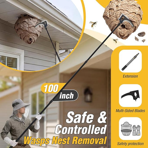 3 PCS Wasp Nest Removal Tool Set 100 Inch Extendable Pole with 3-Edge Scraper Beekeeper Hat &amp Leather Gloves for Safe Removal of Hornet Wasp &amp Bee Nests
