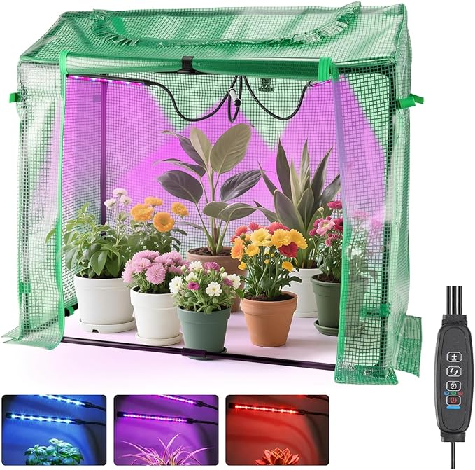 Mini Greenhouse with LED Grow Light &amp Timer 36×20×33 Portable PE Plant Tent for Indoor Seed Starting Balcony Garage &amp Small Space Gardening