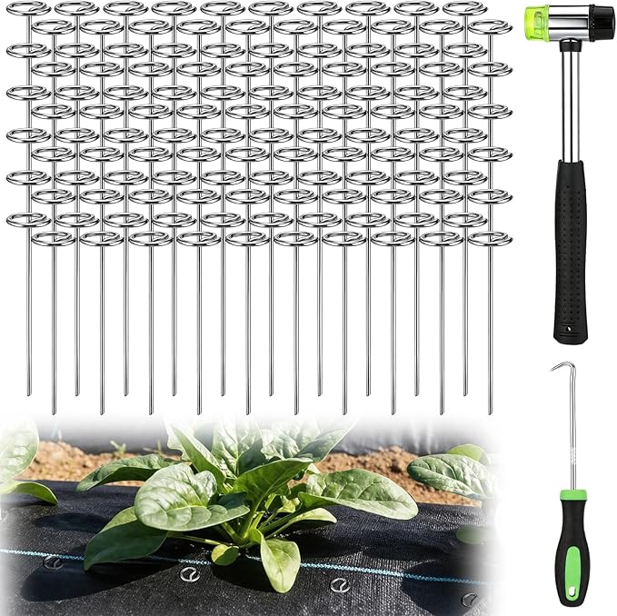 6 Inch Landscape Staples with Hook &amp Hammer - 120pcs Circle Top Weed Barrier Stakes Kit 9 Gauge Galvanized Rust-Resistant Garden Fabric Pins for SOD Garden Edging Install &amp Remove Tools In