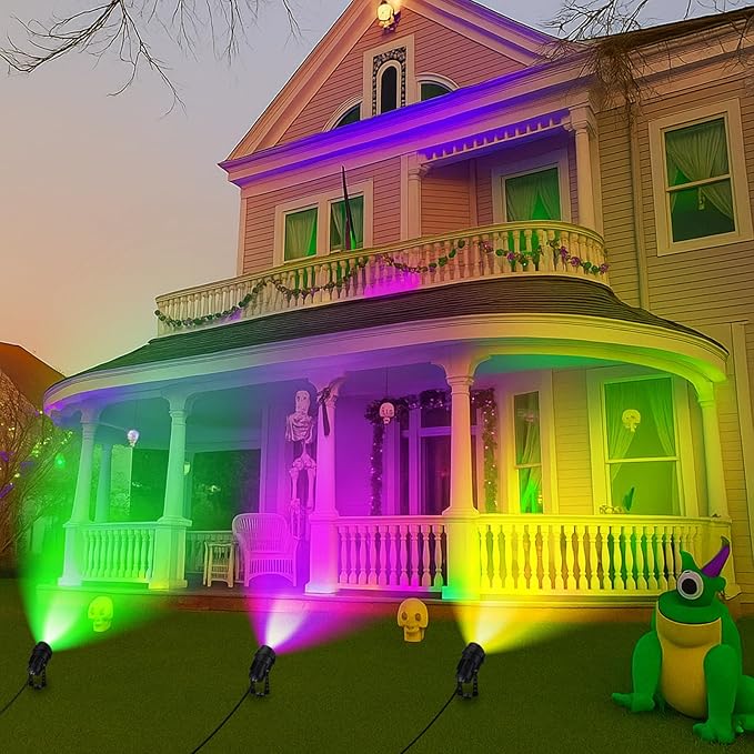 3 Pcs Mardi Gras Spotlight Outdoor Decorations Purple Green and Gold Spotlight Plug in Waterproof Spot Lights Landscape Lighting Carnival Lamp Yard Sign for Garden Outside Porch Supplies
