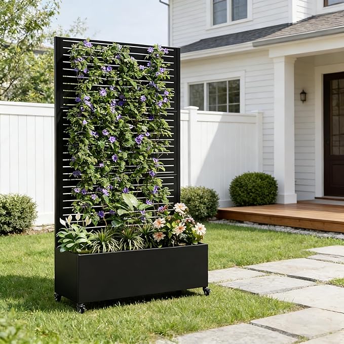 Metal Planter Box with Trellis Privacy Screen Raised Garden Bed with 4 Wheels Privacy Planters for Patio Planter Box with Drainage Holes for Climbing Plants Vegetables (Rectangle)